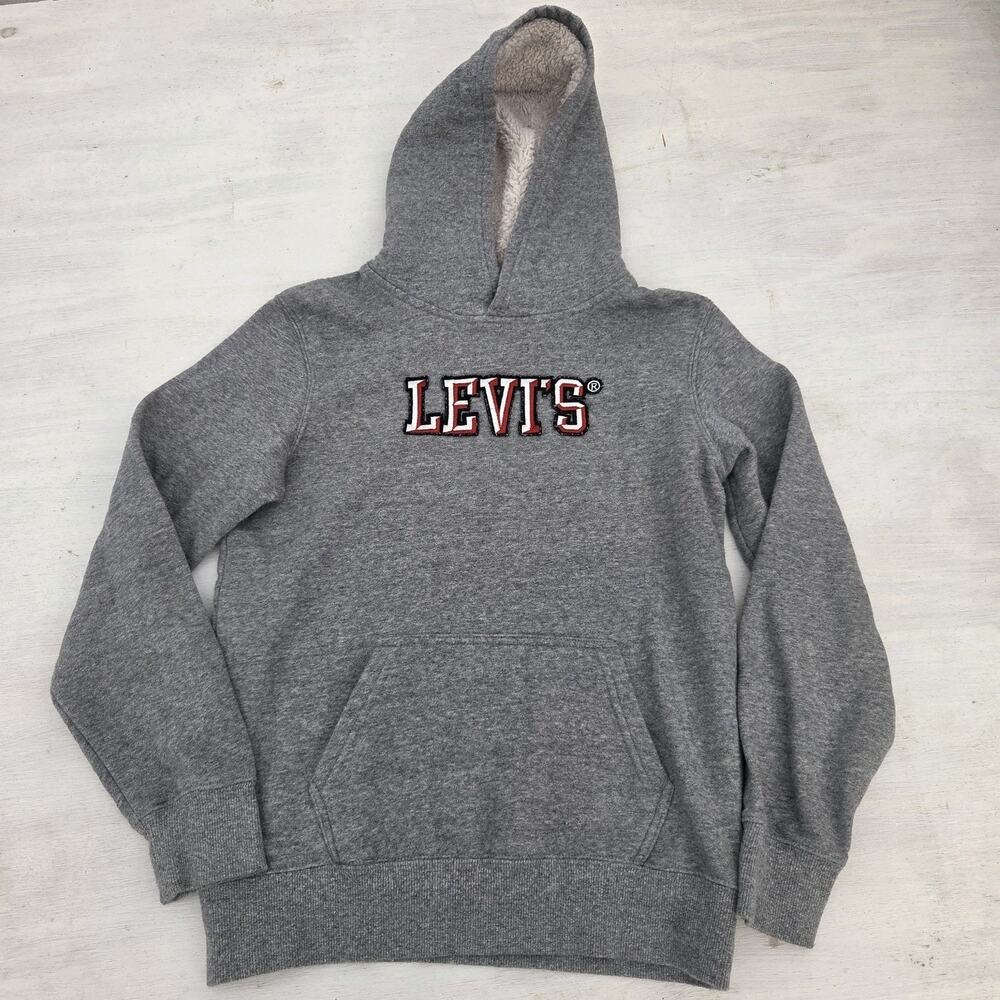 Levi's Boys Large Pullover Hoodie Logo Spellout Sherpa Lined Hood Gray